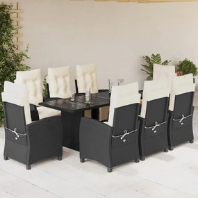 Set da pranzo da giardino 9 pz con cuscini nero in polyrattan