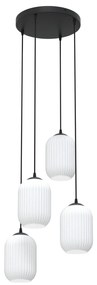Lampadario 4 Luci Selene Base Tonda In Acciaio Nero E Vetri Plissettati Bianchi