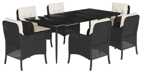 Set da pranzo da giardino 7 pz nero con cuscini in polyrattan