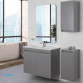 Mobile Bagno Sospeso "Pastello" Da 80 Cm Composto Da Due Ante Lavabo E Specchio Finitura Grigio