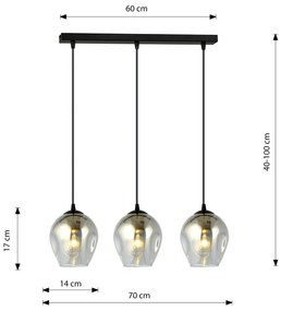 Lampadario 3 Luci Fuxi In Acciaio Nero E Vetri Fumè