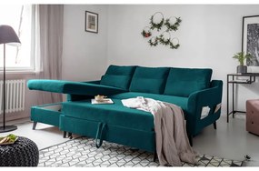 Divano letto angolare in velluto turchese, angolo sinistro Stylish Stan - Miuform