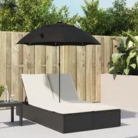 Lettino Prendisole Doppio Cuscini e Parasole Nero in Polyrattan 368081