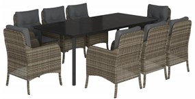 Set da pranzo da giardino 9 pz con cuscini in polyrattan grigio