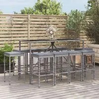 Set Bar da Giardino 11 pz con Cuscini in Polyrattan Grigio