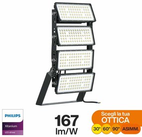 Faro Modulare LED 800W IP66, 167lm/W, No Flickering con driver Philips Colore  Bianco Naturale 4.000K, Scegli l'angolo di illuminazione 30°, Scegli le staffe dei moduli Orientabili