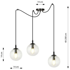 Lampadario 3 Luci Ginevra In Acciaio Nero Con Cavo Lungo E Vetri Trasparente