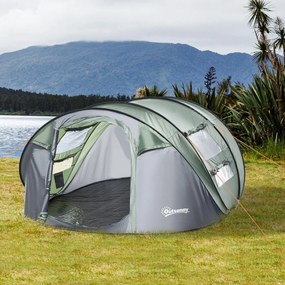 Tenda da Campeggio Pop Up 4-5 Persone 263,5x220x123 cm con Porte e Finestre Verde e Grigio...