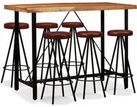 Set da Bar 7 pz in Legno Massello di Acacia e Vera Pelle 275133