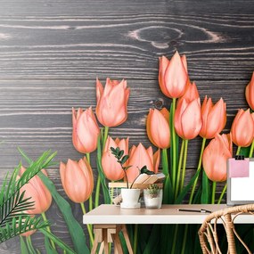 Carta da parati – Tulipani arancioni su sfondo di legno