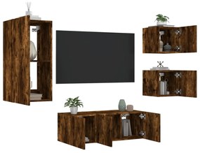 Mobili Tv A Muro Con Led 5pz Rovere Fumo İn Legno Multistrato /