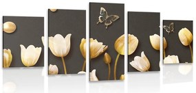 Quadri 5 pezzi – Tulipani con motivo dorato