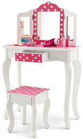 Costway Toeletta trucco per bambina con sgabello triplo specchio e cassetto, Tavolo per trucco con fantasia a pois Rosa