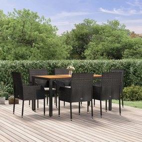 Set da pranzo da giardino 7 pz nero con cuscini in polyrattan