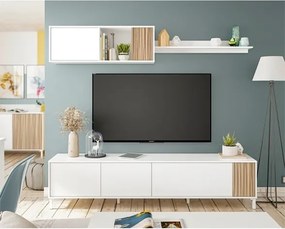 Mobile Soggiorno TV Parete Attrezzata Con Pensile Ethna Bianco E Rovere Listato