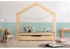 Letto da bambini a forma di casa/estraibile di colore naturale con contenitore con rete inclusa 120x200 cm RM – Adeko