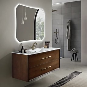 Mobile da bagno sospeso moderno base 100 CLASSIC con 2 cassetti e lavabo, NOCE CHIARO