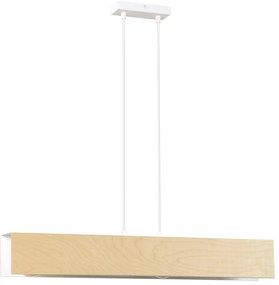 Lampadario 3 Luci Merlino In Acciaio Bianco Corpo Rettangolare E Legno Naturale