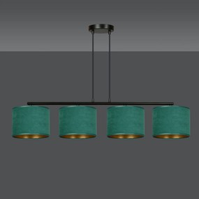 Lampadario 4 Luci Ganesha In Acciaio Nero E Paralumi In Tessuto Verde
