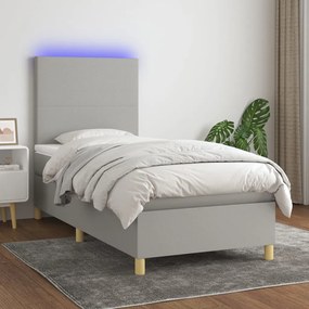 Letto a molle materasso e led grigio chiaro 100x200 cm tessuto