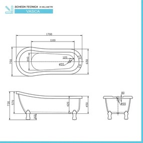 Vasca da bagno freestanding classica 170x75 con Piedini cromo a zampa daquila regolabili Mary