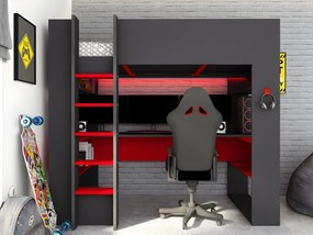 Letto a soppalco gamer + scrivania con LED e vani portaoggetti integrati 90 x 200 cm Antracite e Rosso - NOAH