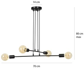 Lampadario Industrial 4 Luci Multiplo In Acciaio Nero A Bracci