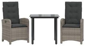 Set da Pranzo da Giardino 3 pz con Cuscini in Polyrattan Grigio