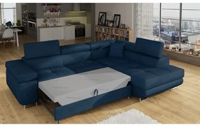 Divano angolare blu allungabile/con contenitore (con penisola a destra/a L) e rivestimento in velluto Anton – ELTAP