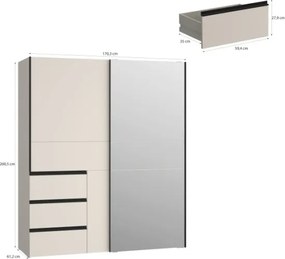 Armadio Guardaroba Scorrevole Con Specchio 170x60x200 Cm 3 Cassetti Winn Sabbia