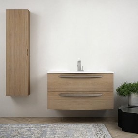 Mobile bagno Rovere tabacco 100 cm sospeso bombato modello Berlino con colonna da 140 cm