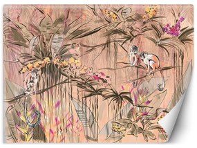 Carta Da Parati, Scimmie nella giungla tropicale Marrone Arancione Rosa