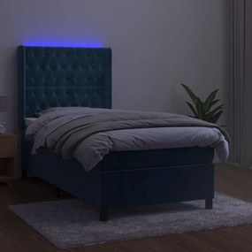 Letto a molle con materasso e led blu scuro 90x190cm in velluto