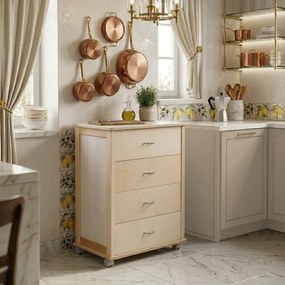 Cassettiera con ruote ICON 58X83h cm in Legno di Faggio a 4 Cassetti Naturale