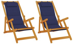 Sdraio pieghevoli da spiaggia  2 pezzi blu in legno massello di acacia e textilene