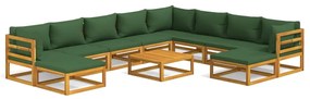 Set salotto da giardino 11pz con cuscini verdi legno massello