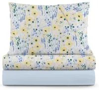 Completo letto matrimoniale azzurro fiori gialli cotone