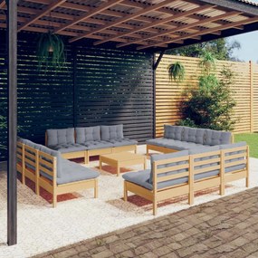 Set divani da giardino 13 pz con cuscini grigi massello di pino