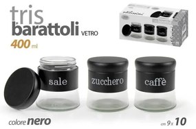 Trade Shop - Set Tris Barattoli Sale Zucchero Caffè Metallo In Vetro 400ml Nero 9x10cm 816598