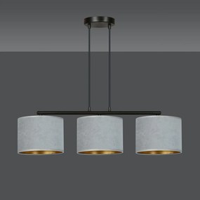 Lampadario 3 Luci Ganesha In Acciaio Nero E Paralumi In Tessuto Grigio