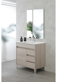 Mobile Bagno a Terra 80 Cm Un'Anta Tre Cassetti Specchio 90x70 Cm Feridras "Mondo 2.0" Rovere Chiaro