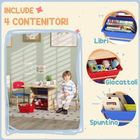 Set Tavolo e Sedie per Bambini con 4 Contenitori per Giochi in Legno e PP...