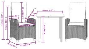 Set da Pranzo da Giardino 3 pz con Cuscini Nero in Polyrattan