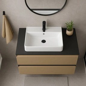 Mobile Quadra L60 H73 P45 Beige Greige 3 cassetti a chiusura ammortizzata e lavabo in ceramica vasca centrale