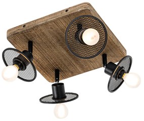 Faretto da soffitto industriale nero con legno 4 luci - Jasmine