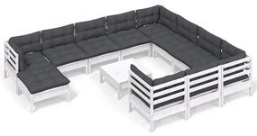 Set Divani da Giardino 12 pz con Cuscini Legno di Pino Bianco