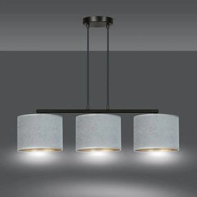 Lampadario 3 Luci Hilde In Acciaio Nero E Paralumi In Tessuto Grigio