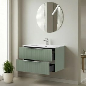 Mobile bagno sospeso 80 cm verde cannettato con lavabo e specchio tondo Zena