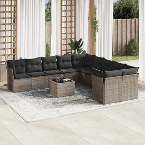 Set divani da giardino 11 pz con cuscini in polyrattan grigio