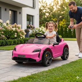 Macchina Elettrica per Bambini Porsche Taycan Turbo S 12V con Telecomando Bluetooth Luci LED e Tappetini Rosa...